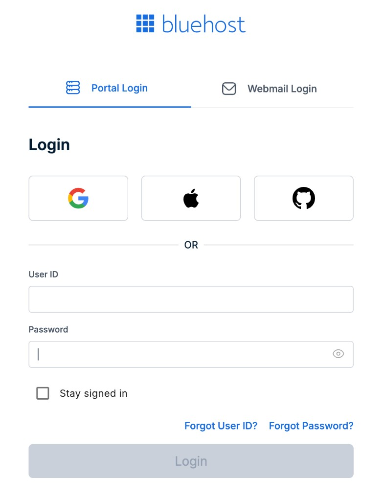 Bluehost Portal login with User ID, password, and social sign-in options