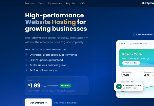 Bluehost homepage showing the $1.99/mo Shared hosting offer and Get Started button