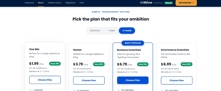 Bluehost plan comparison with the basic One Site tier and other Shared hosting options