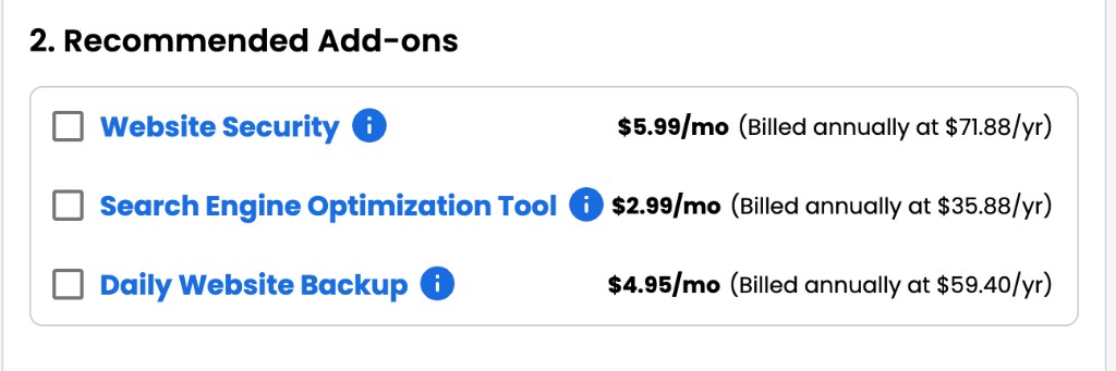 Recommended add-ons with optional Website Security, SEO, and backup checkboxes