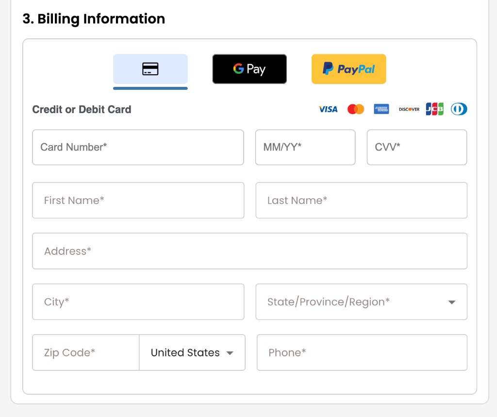 Billing information with Credit Card, Google Pay, and PayPal payment options
