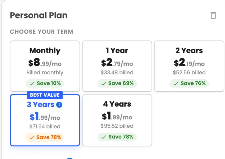 Choose Your Term with 3 Years selected as best value at $1.99/mo