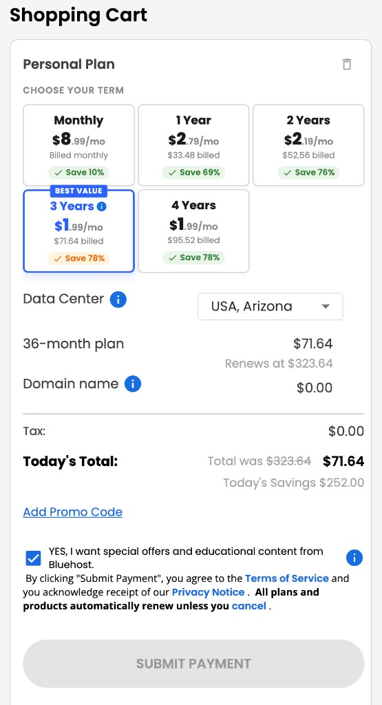Shopping cart summary with plan details, total, and Submit Payment button