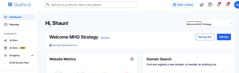 Bluehost Account Manager dashboard after logging in